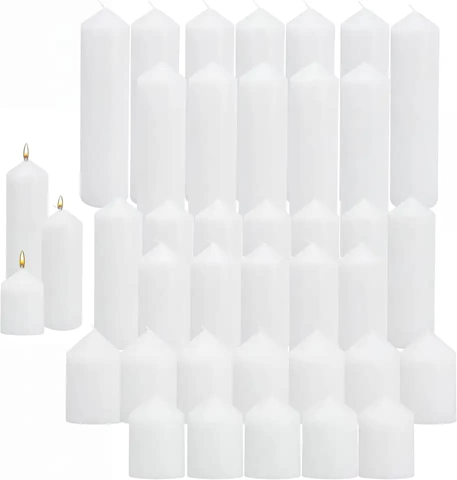 36 Pcs Individually Wrapped Pillar Candles Bulk, 2x3 2x6 2x8 Inch, Unscented Dripless Smokeless, Hurricane Candles for Wedding Party, Spa, Home Decor (36 White Pointed-tip, 2 x 3/6/8 Inch)