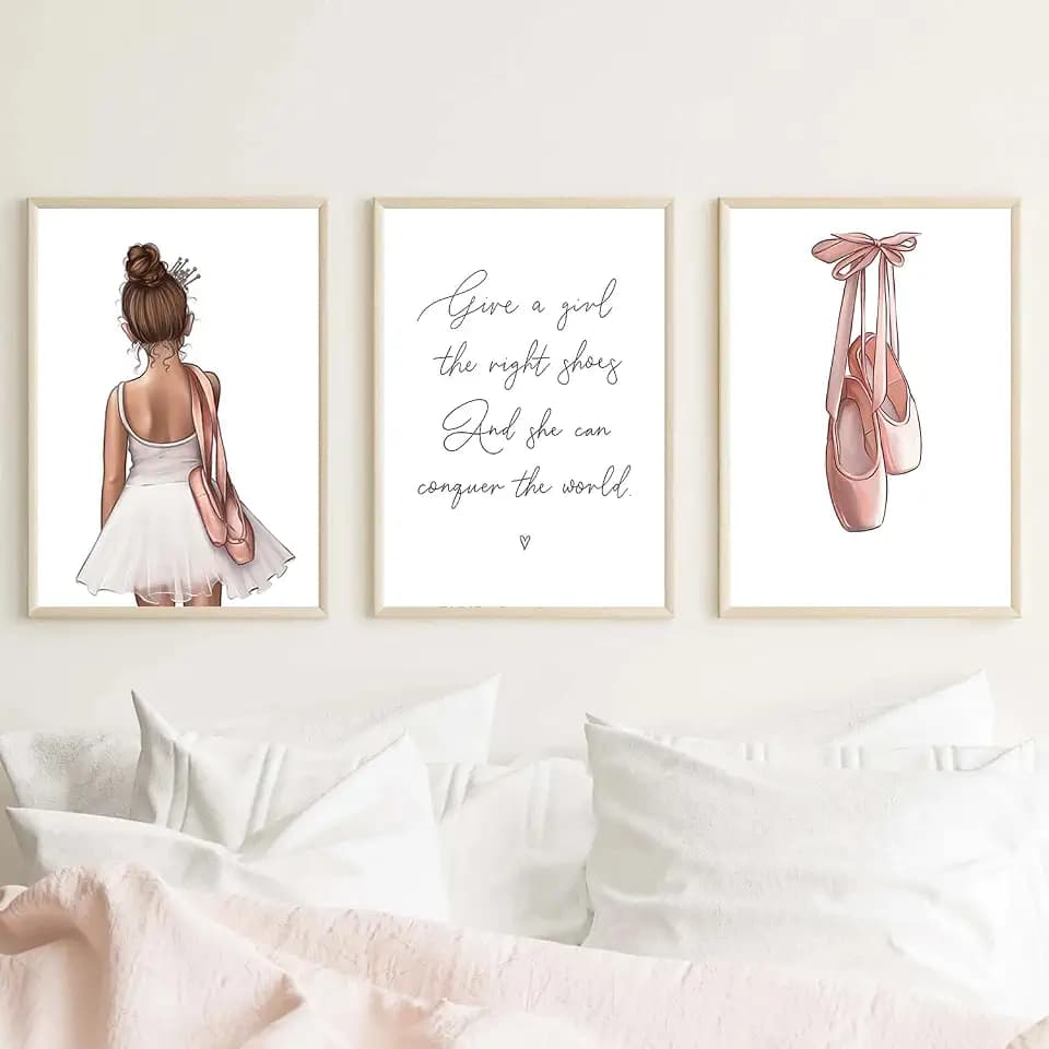 QBZWART Ballet Girl Wall Art,Ballerina Wall Art Canvas Pictures,Dance Baby Nursery Art Canvas,Ballerina Girl Poster Pink Dancing Shoes Print,Nursery Wall Decor No Frame