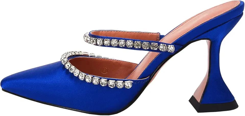 VETASTE Women's Pointed Toe Strappy Heels Crystal Satin Heeled Mules Wedding Party Shoes