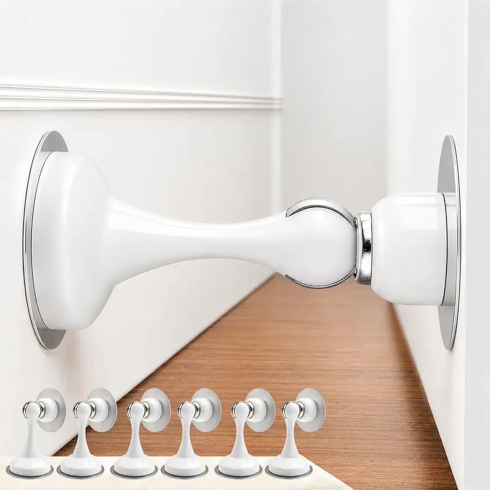 6 Pack Magnetic Door Stop No Drilling Door Stop with 3D Adhesive Tapes Keep Door Open Door Stainless Steel Screws for Stronger Mount (White)