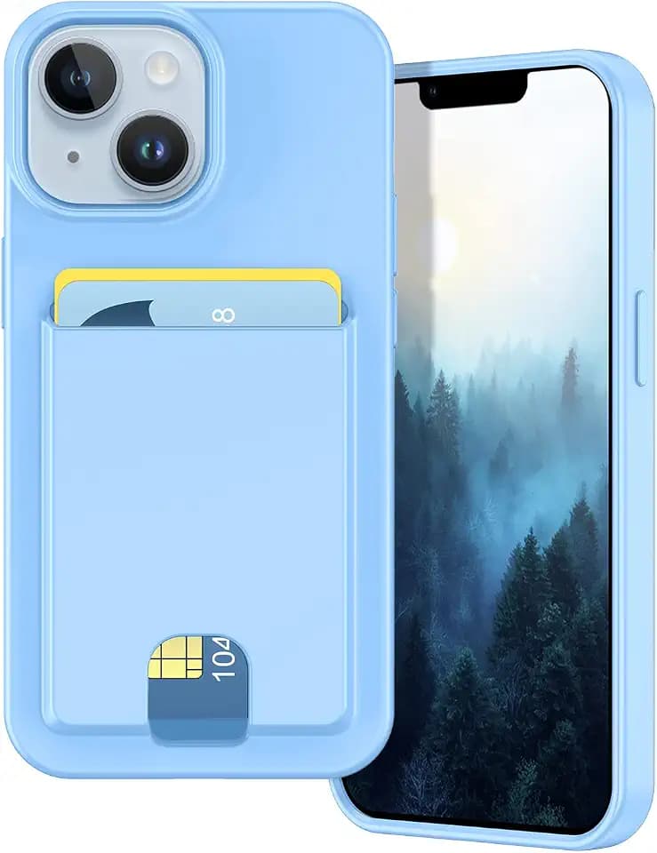 Petocase for iPhone 14 Case/iPhone 13 Wallet Case,Card Holder Slot Ultra Bling Slim Clear Flexible TPU Soft Silicone Protective Phone Case Cover for Apple iPhone 13/14 Light Blue