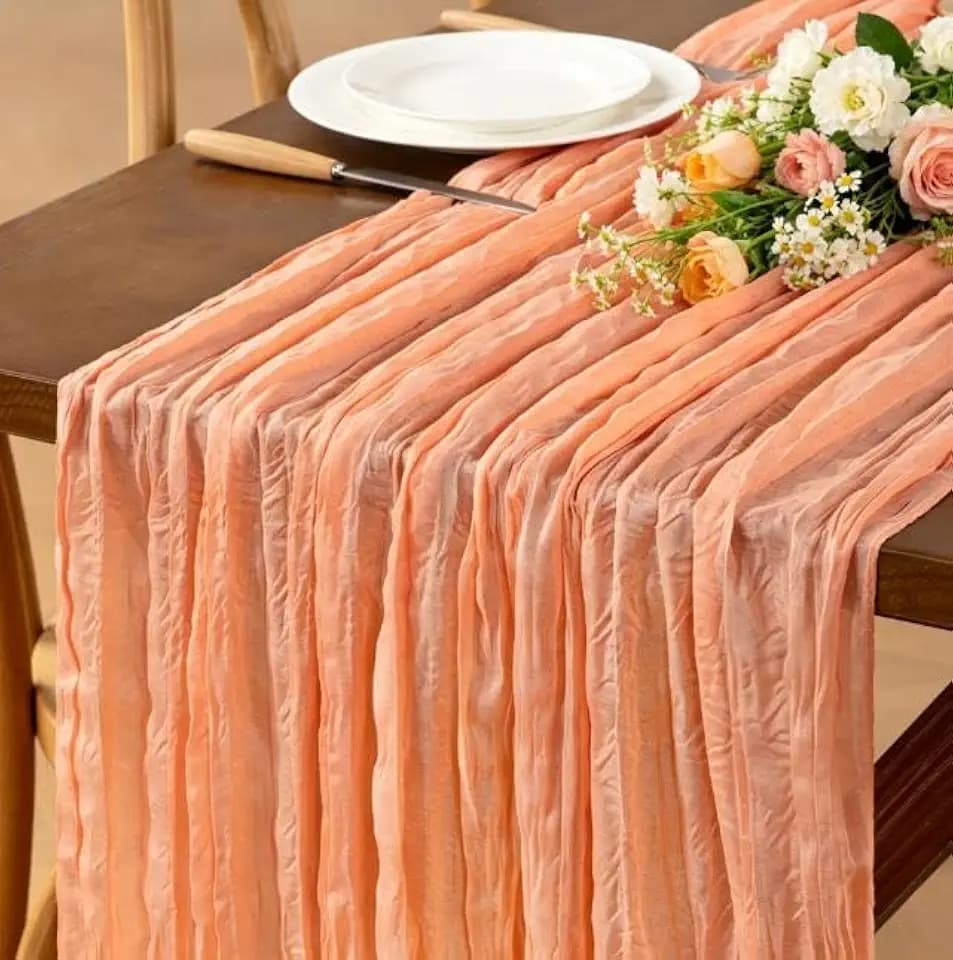 Peach Cheesecloth Table Runner Boho Wrinkled Gauze Table Runners