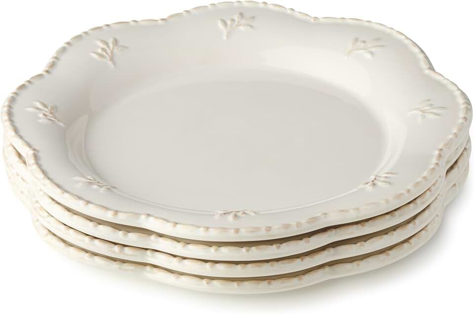 Heritage Beads 11-Inch Stoneware Dinner Plates – Elegant Scalloped Rim Plates with Embossed Beading, Set of 4 – Timeless Off-White Plates for Dinner Parties, Holidays & Everyday Use