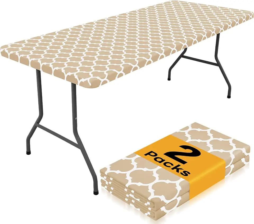 Smiry 2 Pack Rectangle Table Cloth 8 Foot, Waterproof Elastic Fitted Tablecloths, Windproof Washable Polyester Table Cover for Picnic, Camping, Outdoor (Khaki, 30"x96")