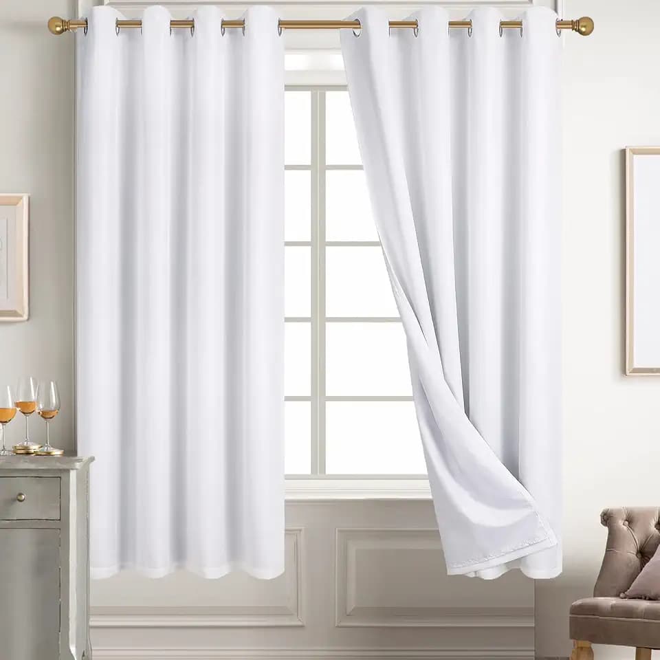 Diraysid 100% Blackout Curtains White Linen Curtains for Bedroom Grommet Thermal Insulated Room Darkening Drapes (2 Panels, W52 x L54 Inch)