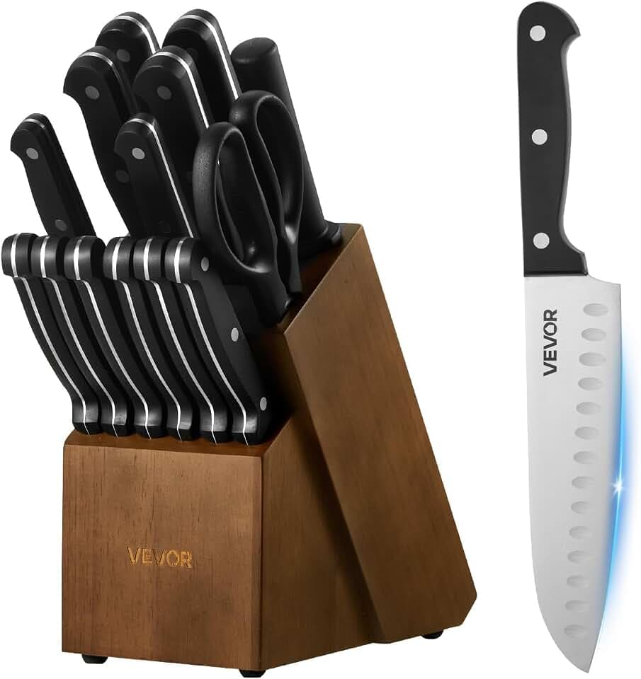 VEVOR Kitchen Knife Set with Block and Sharpener, 15 Piece German High Carbon Stainless Steel Knife Set, Kitchen Cutlery with ABS Ergonomic Handle, Sharpening Rod and Wooden Block, for Home Cooks