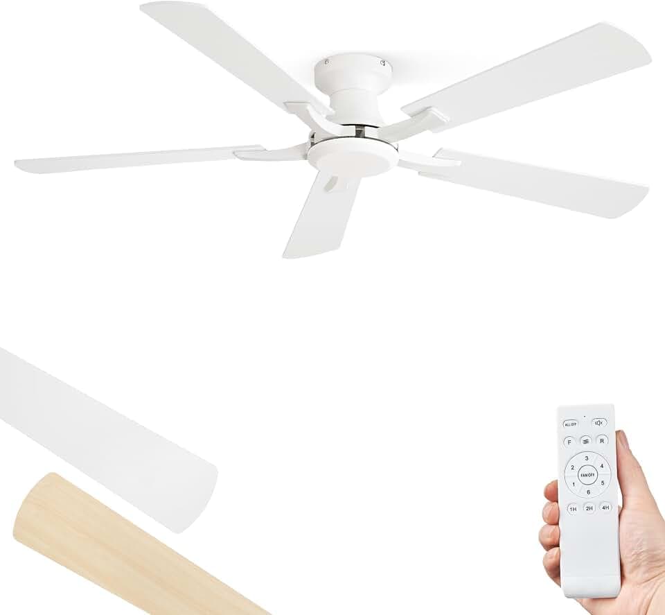 ZMISHIBO 52 Inch Ceiling Fan No Light, Flush Mount Low Profile, White