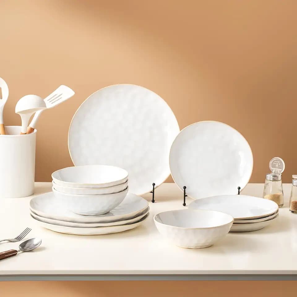 Porcelain Dinnerware Set for 4, 12-Piece Plates and Bowls Set for 4, Modern Stoneware Dinnerware Chip and Scratch Resistant, Microwave and Dishwasher Safe (White)