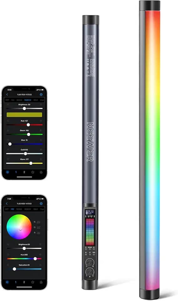 NEEWER TL60 RGB Lichtstab, 20W Vollfarbe RGBWW LED Videolicht Wand Tube Stick für Studio Fotografie Aufnahme Streaming, APP/2.4G/DMX Control, 7 Pixel Effekte 18 Szenen, 2500-10000K CRI97+ TLCI98+