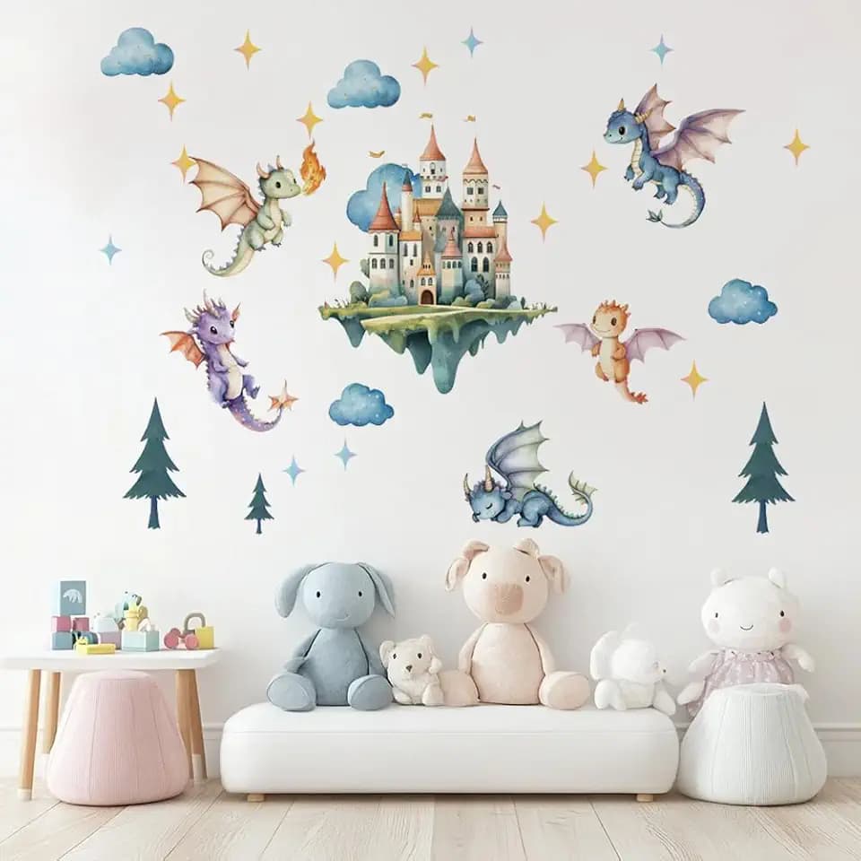 SUPERDANT Flying Dragon Wall Sticker Cartoon Castle Wall Decal Peel and Stick Dragon Vinyl Art Decals Nursery Decor for Children's Room Bedroom Playroom Toddler Room Home Livingroom Decoration Gifts