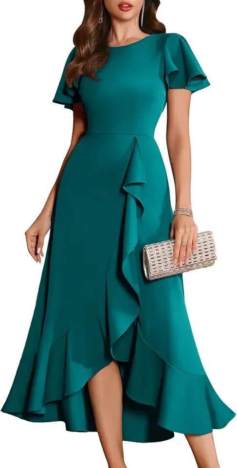 BeryLove Women Formal Flutter Sleeve Wedding Guest Cocktail Long Dress