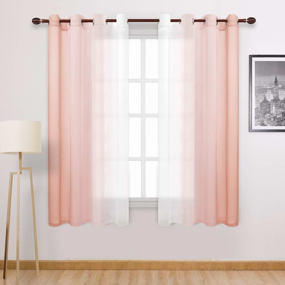 DWCN Blush Pink Faux Linen Ombre Sheer Curtains - Gradient Semi Voile Curtains for Girls Bedroom and Nursery, Set of 2 Grommet Top Window Curtain Panels, 52 x 72 Inches Long