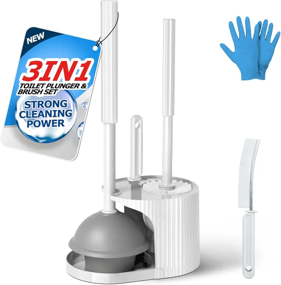 FORASTO 3IN1 Toilet Brush and Plunger Set with Holder Compact Cleaning Kit