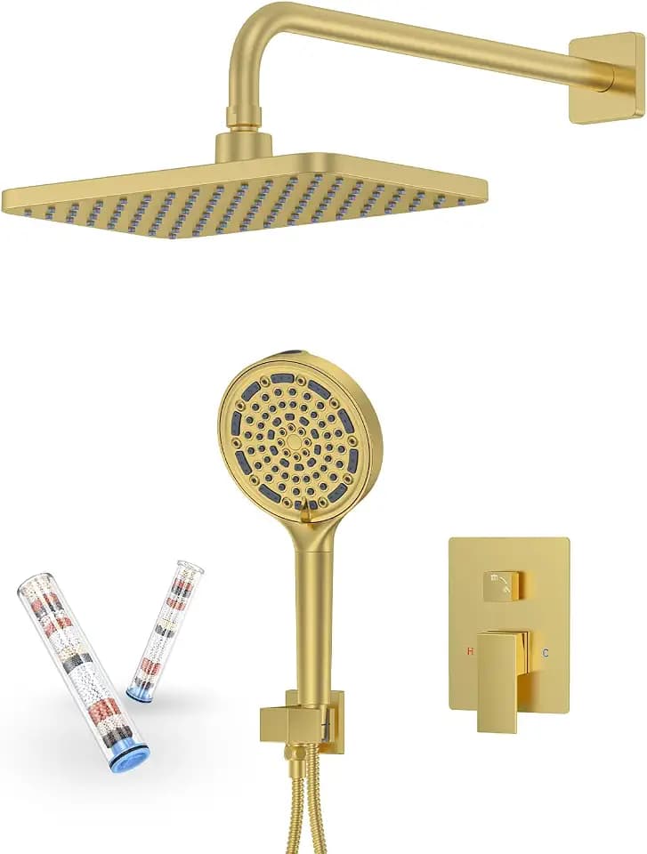 Brushed Gold Shower System with Rainfall Head & Filtered Handheld Sprayer