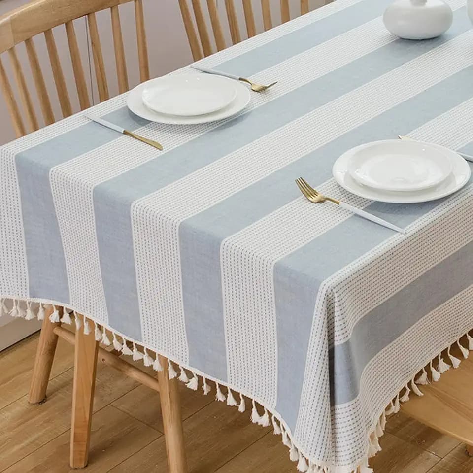 TruDelve Extra Long Tablecloths 120 Inch Blue and White Striped Cloth Tablecloths for 8 Foot Rectangle Tables (120"x55", Blue)