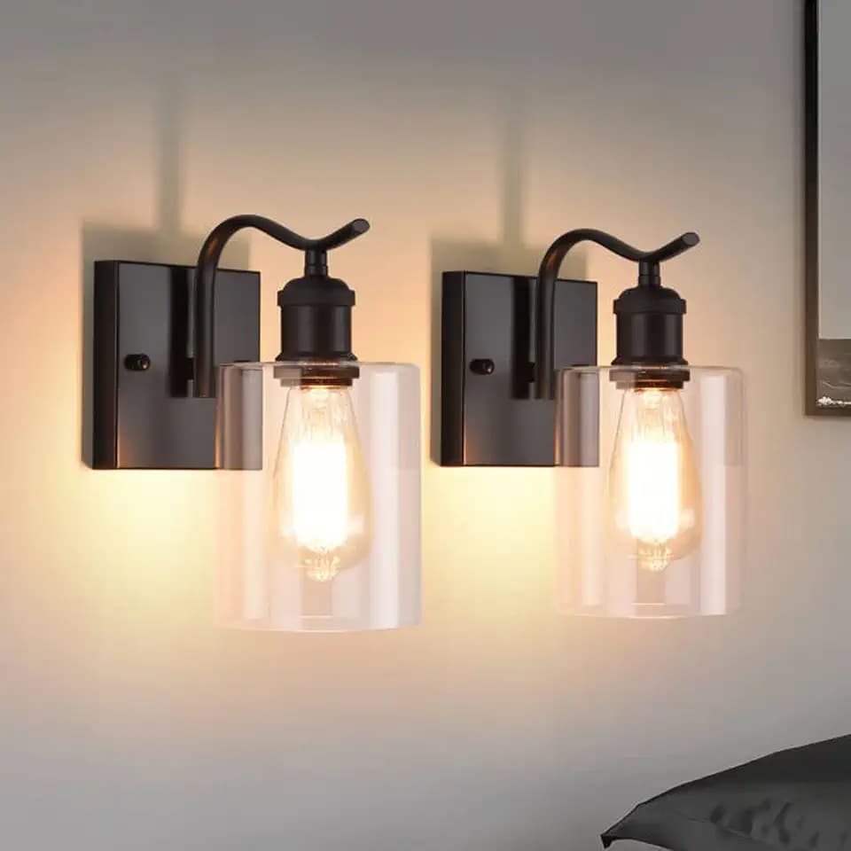 HOXIYA 2 Pack Matte Black Bathroom Vanity Light, Farmhouse Industrial Modern Wall Sconce Lighting Fixtures with Clear Glass Shade for Hallway Entryway Bathroom