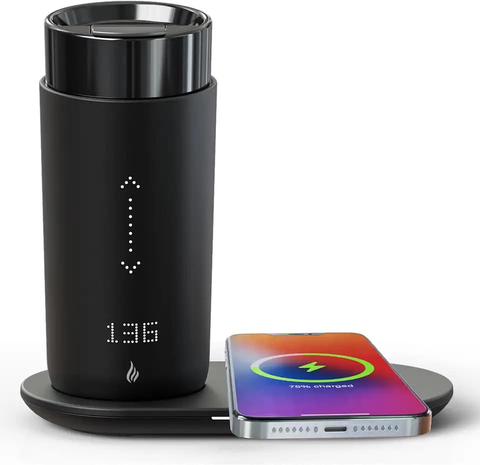Temperature Control Heated Coffee Mug Smart Self Heating Travel Mug 12 Oz App Controlled Warmer Mug 4-10 Hour LED Display Keep Coffee Hot Fast Wireless Charger Base Dull Black