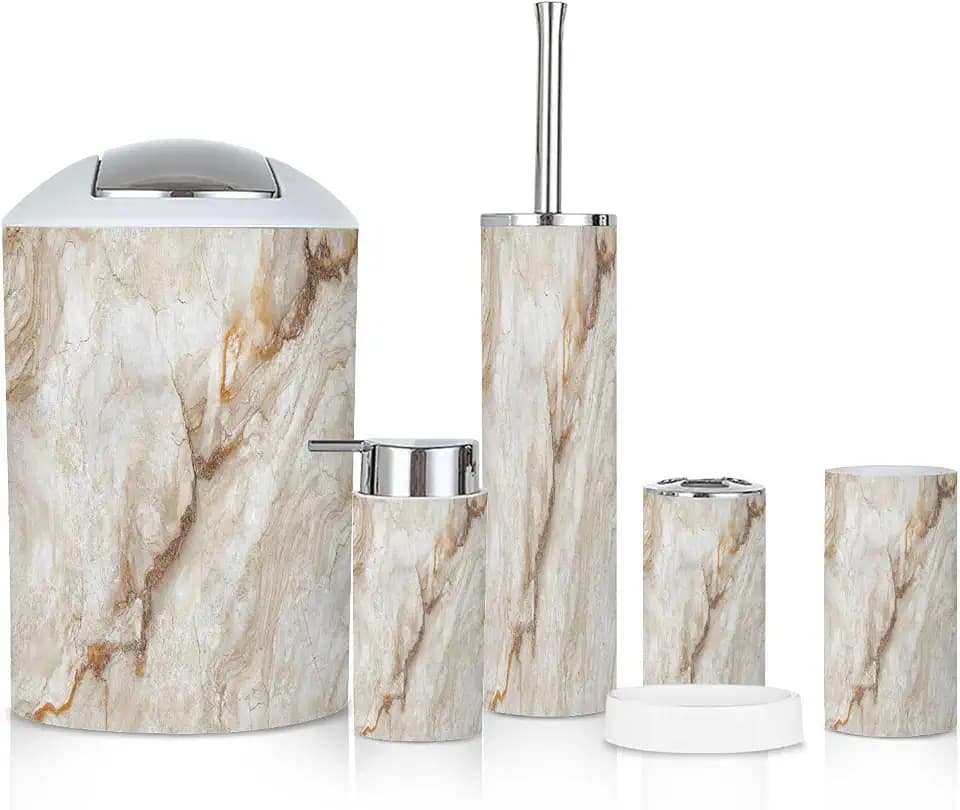 6 Piece Bathroom Accessories Set Beige Marble Abstract staturio Brown Real Stone Texture Trash can Toilet Brush Holder Toothbrush Holder Toothbrush Cup Soap Dispenser Soap Dish for Home