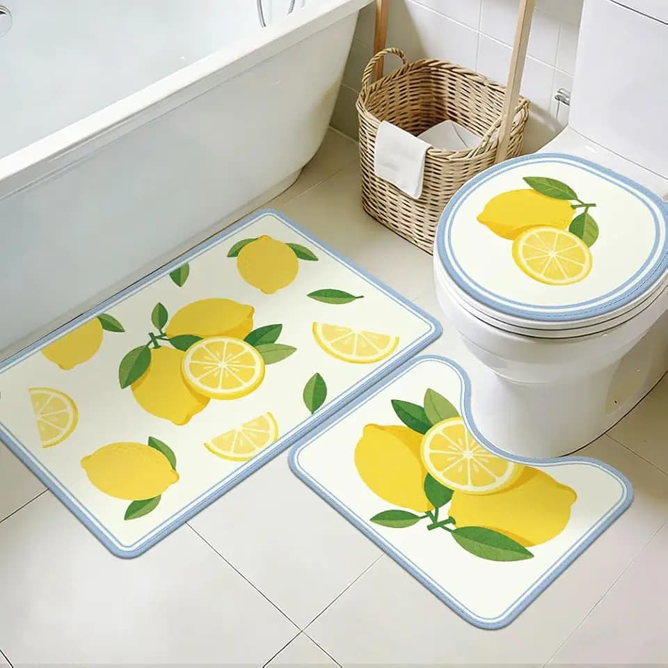 3Pcs Lemon Bathroom Rugs Set Washable Bathroom Carpets with Toilet Mats Sliced Fruit Soft Non Slip Bath Mat for Laundry Hotels Kitchen Tub Home Decor Yellow