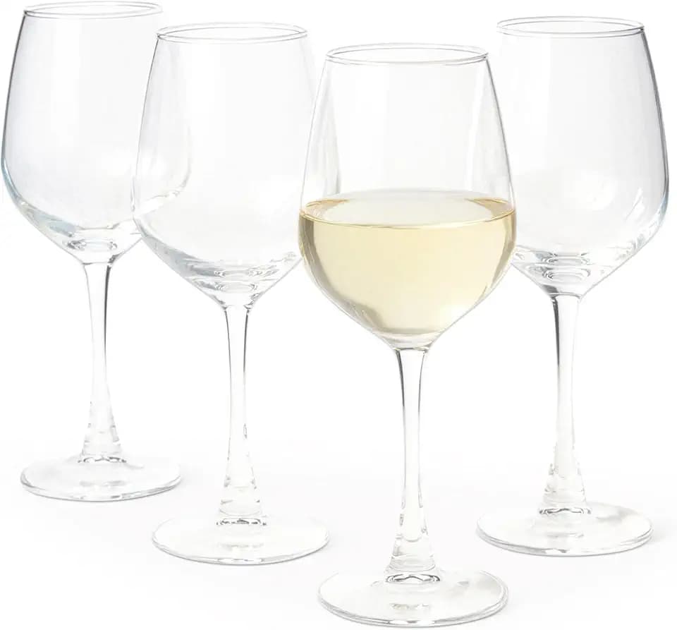 Amazon Basics Stemmed White Wine Glasses Set Of 4, 12 Oz Clear Glass, Classic Design for Everyday Dining, Weddings & Parties, Dishwasher-Safe