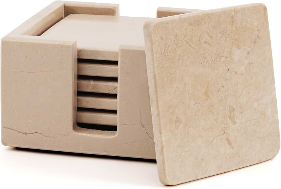 Radicaln Square Marble Coasters Set of 6 with Holder - Verona Stone 3.5"