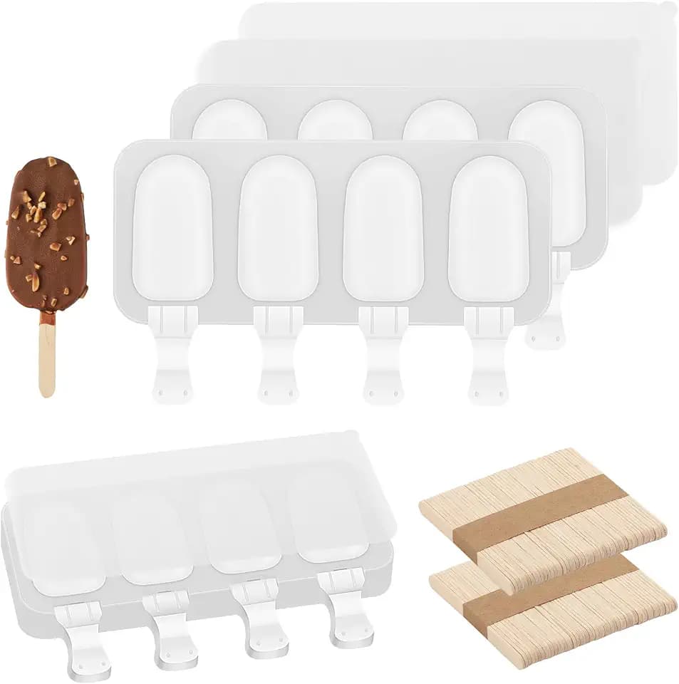 3 Set Small Popsicles Molds with Lids and 100 Pieces Wooden Popsicles Sticks, 4 Cavities Silicone Ice Cream Molds for Making Cakesicles, Cake Pops, Ice Cream - BPA Free