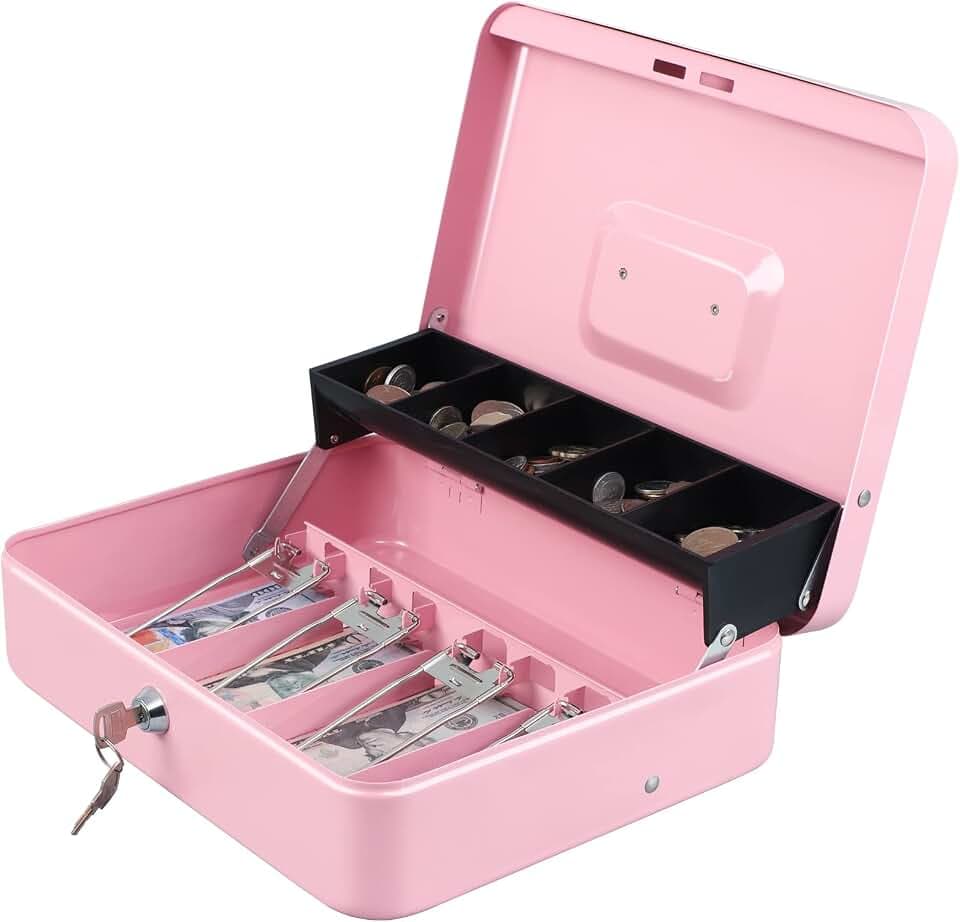 xydled Cash Box with Key Lock, Metal Money Box, Safe Storage box, Pink