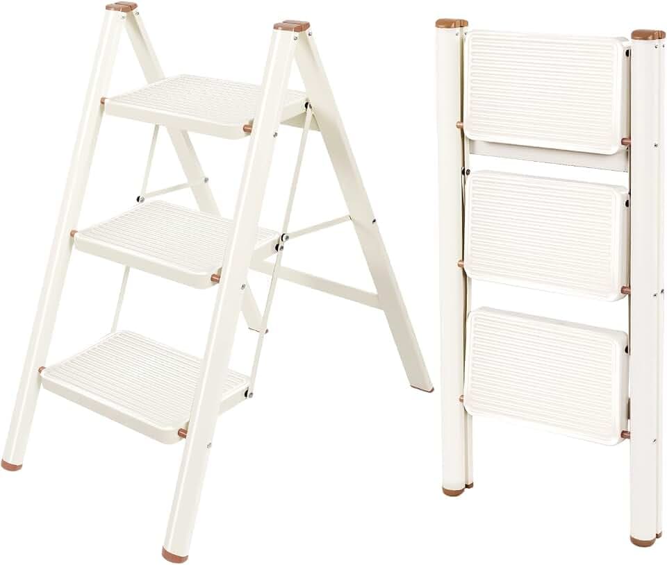 Valeo 3 Step Ladder,Lightweight Folding Step Stool with Wide Anti-Slip Pedal, 330LBS Capacity, Heavy Duty,Sturdy Iron Metal Step Stool for Home, Kitchen, Closet, Adults, Cream White