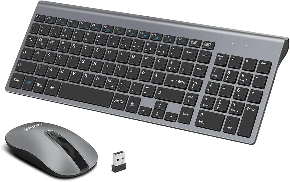 LeadsaiL Tastatur Maus Set Kabellos, 2,4 GHz USB-Empfänger Ultradünne Leise, Deutsch QWERTZ-Layout, 12 FN-Tasten Für Windows XP/7/8/10, PC, Laptop, Computer, Desktop - Grau
