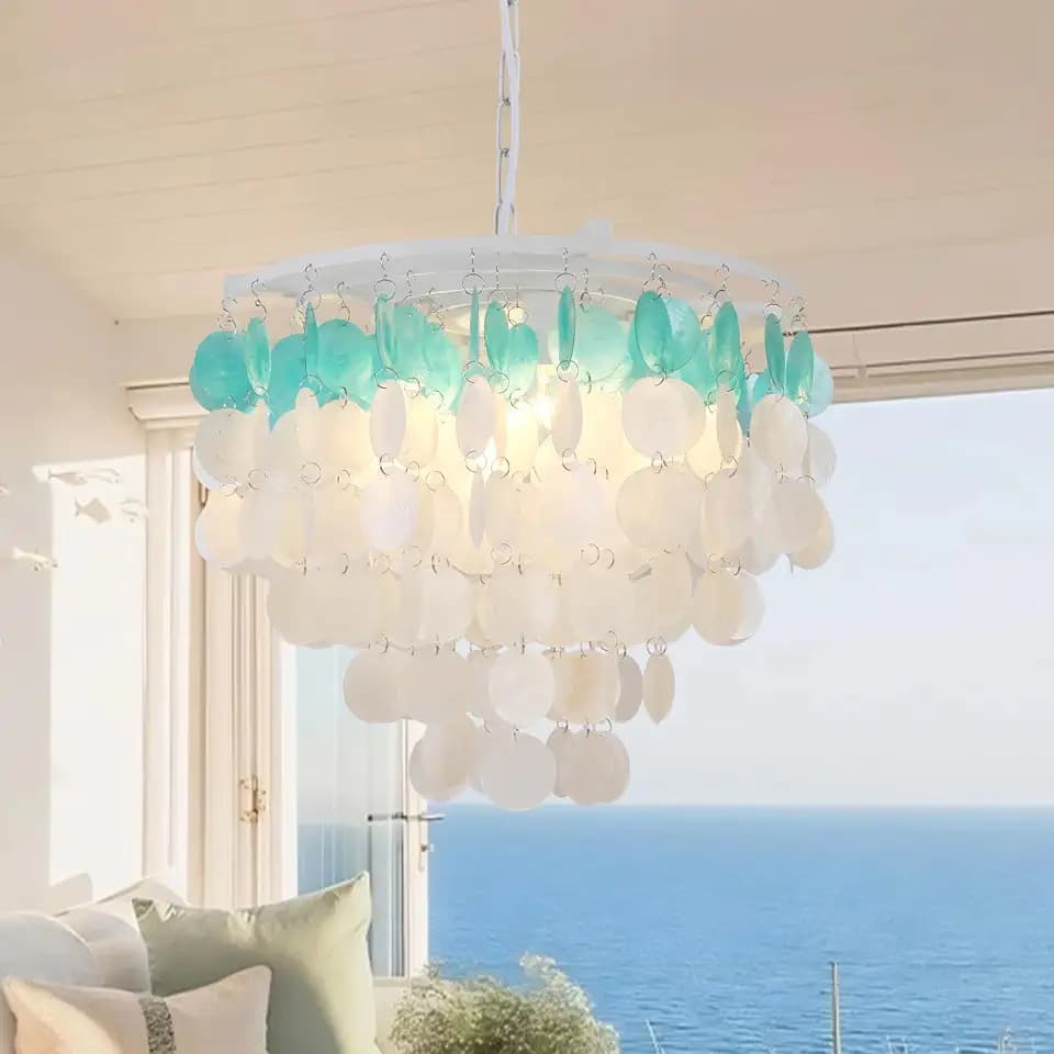 17.7" Blue Chandelier, 4-Light Seashell Dining Room Light Fixture