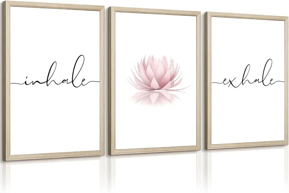 Inhale Exhale Wall Art Zen Canvas Decor Yoga Lotus Wall Art Calming Meditation Artwork Pink Yoga Poster Zen Pictures Painting for Living Room Bedroom 12x16 Inch Wood Framed Set of 3