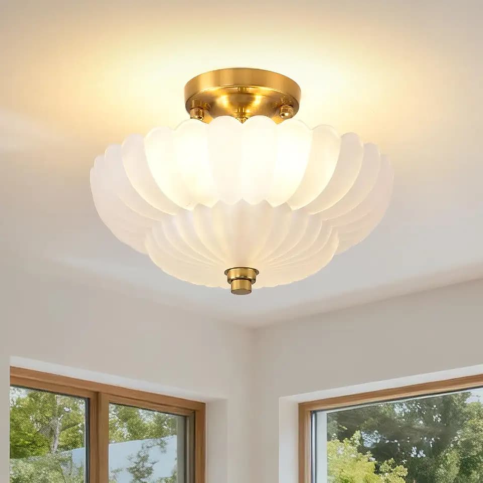 Semi Flush Mount Ceiling Light, 11.8 Inch Gold Vintage Hallway Light Fixture with Scalloped Frosted Milk glass, Close to Ceiling Light For Bedroom Kitchen Living Room Bathroom Foyer, E26 Base