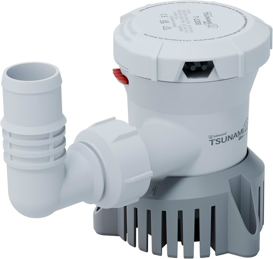 Attwood 5612-7 Tsunami Mk2 T1200, 12V, Manual Bilge Pump, 1200 GPH, with Fittings (Elbow & Straight), Direct Replacement for Attwood 4612-7