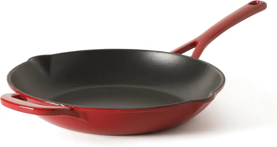 Martha Stewart Gatwick 12” Enameled Cast Iron Skillet, PFAS-Free, Classic Red Exterior with Matte Black Enamel Interior, Rust Resistant, Oven Safe
