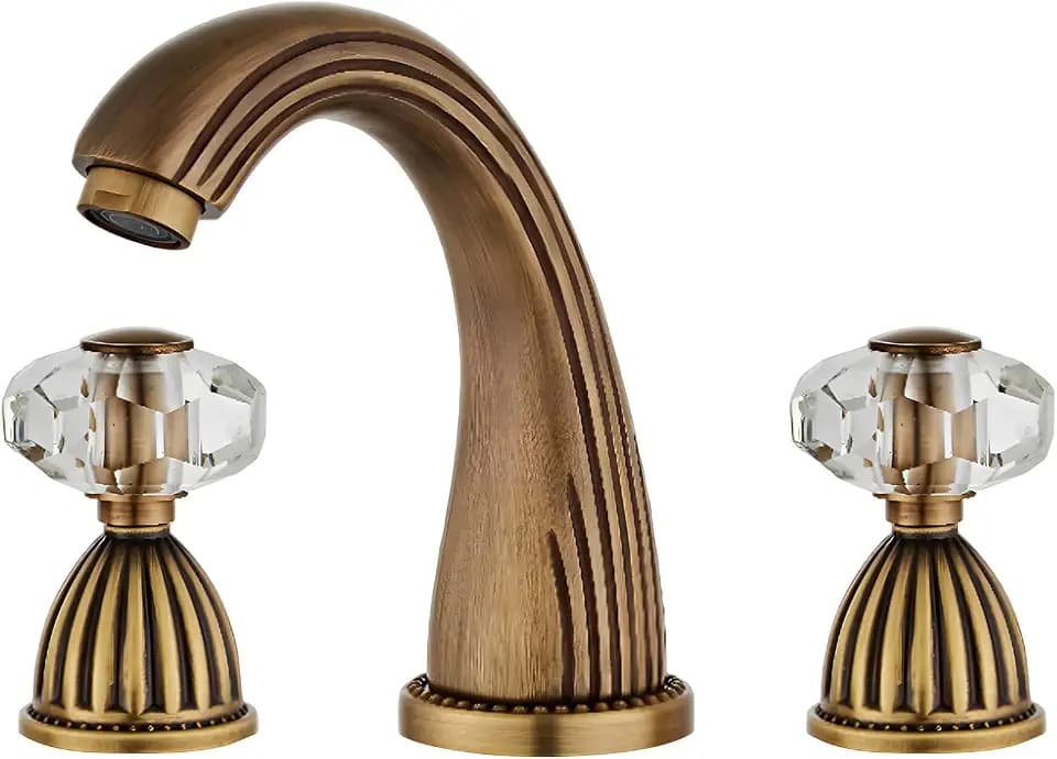 Antique Brass Bathroom Faucet Gold Three Holes Widespread Crystal Handle Bathroom Sink Faucets Retro Vintage Lavatory Vanity Faucet