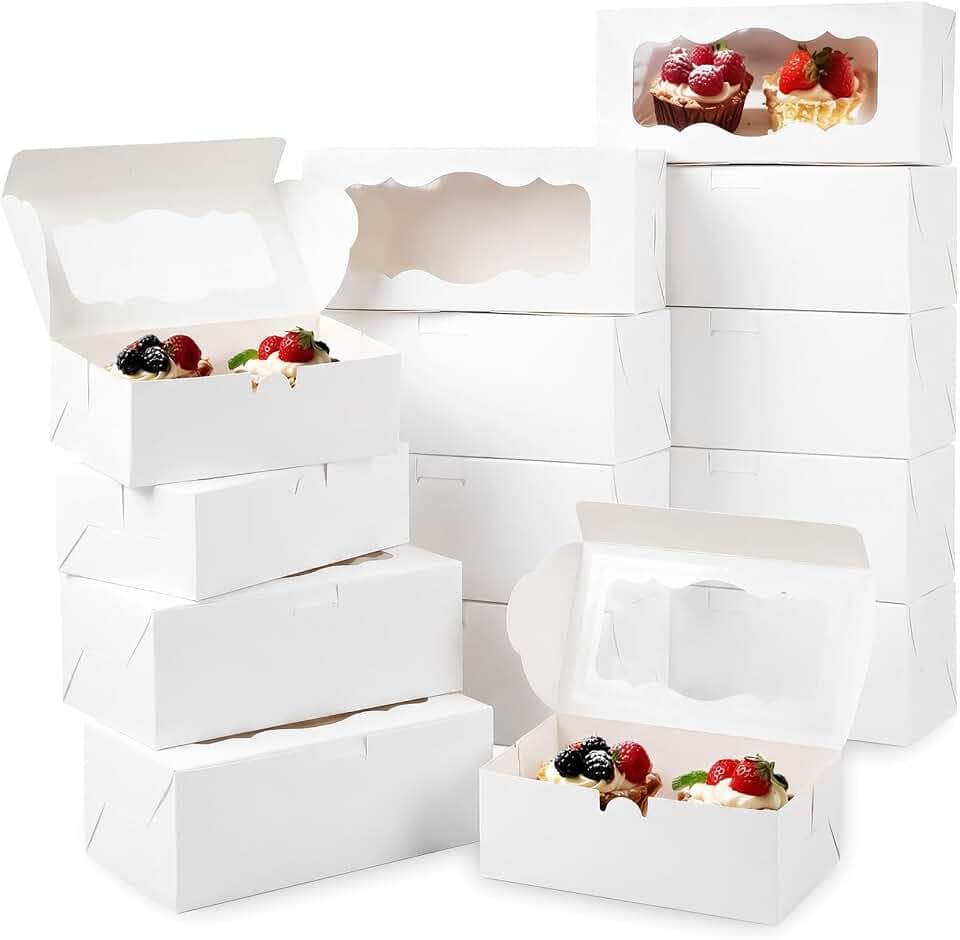 50 Pcs Paper Cookie Boxes, Bakery Boxes with Window, for Donuts, Muffins, Pastries, Pies, Candies, Desserts, Chocolate Strawberries, 9x4x3.5 Inch, White