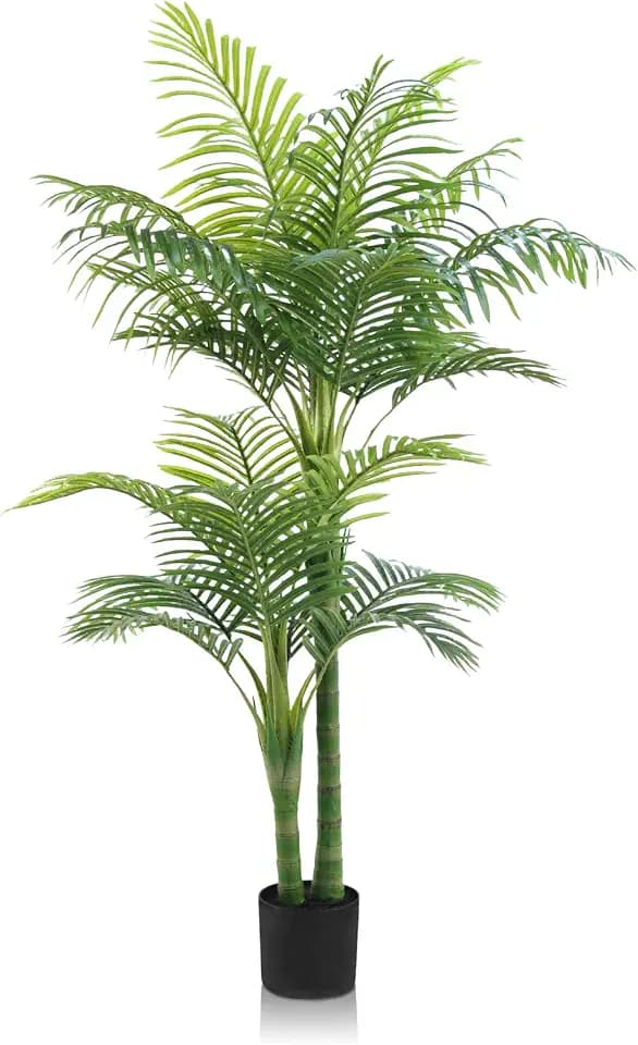 5FT Artificial Palm Tree - Faux Golden Cane Palm Tree Tropical UV Resistant Fake Plant Indoor with Weighted Pot for Living Room Home Office Porch Stair Corner Balcony Decor Housewarming Gift