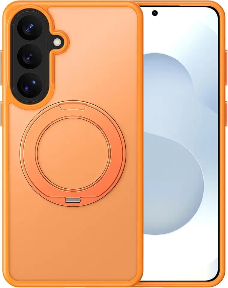 Kickstand Phone Case for Samsung Galaxy S26+ Plus with 360° Ring Stand Fits MagSafe, Frosted Hard Shell, Shockproof, Skin-Friendly Magnetic Cover, Translucent Matte Back, Orange Frame