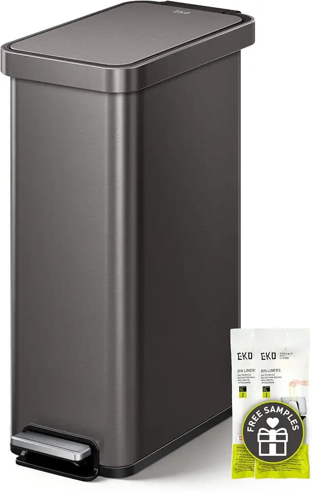 EKO Hudson Slim Trash Can with Lid, 13 Gal Stainless Steel, Gunmetal Gray