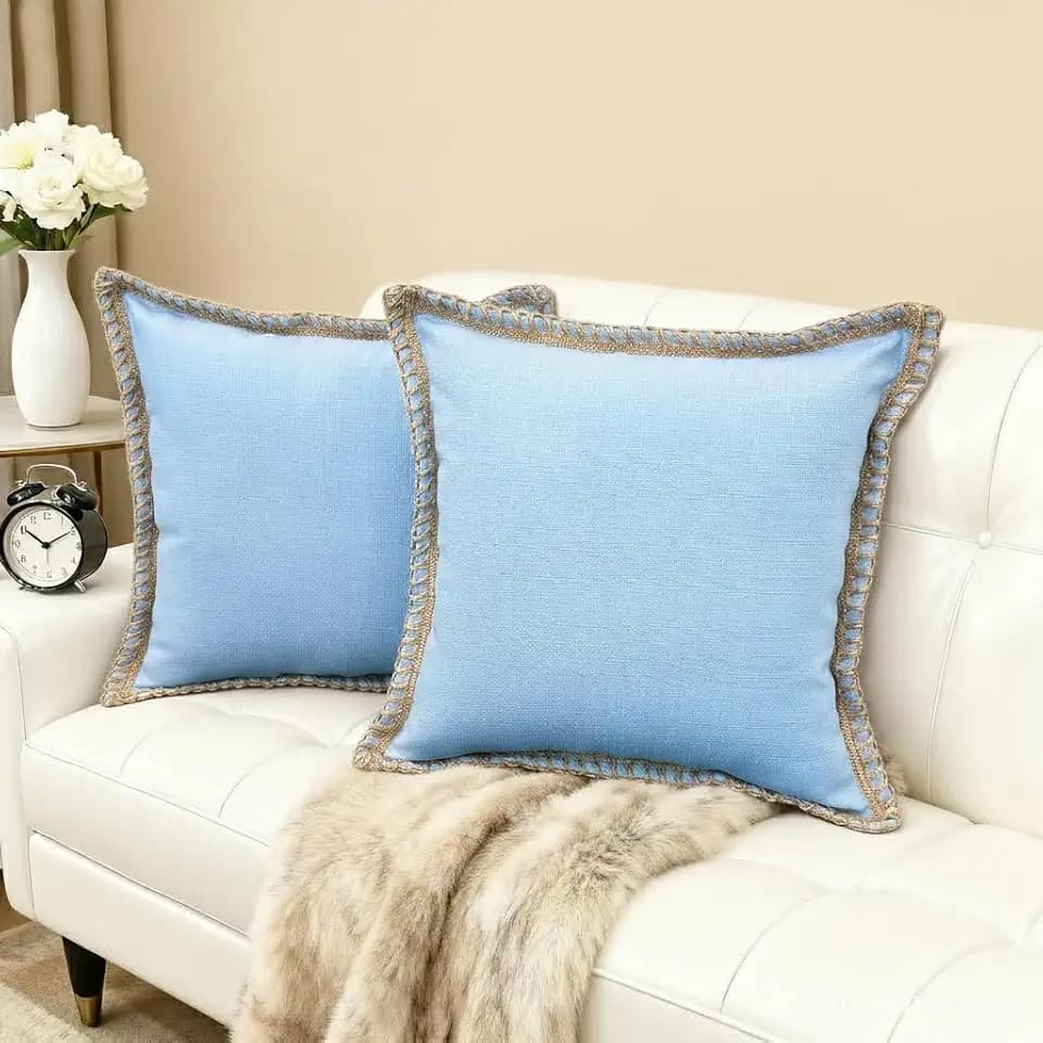 HER HWA Outdoor Throw Pillow Covers Linen Border 18x18 Set of 2 Light Blue