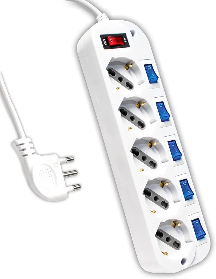 V-TAC Mehrfachsteckdose mit unabhängigen Schaltern – 5 Steckdosen 10/16 A Bypass + Schuko – Stecker 16 A – Steckdose für Zuhause, Büro, Geschäft, Steckdosenleiste – Farbe Weiß