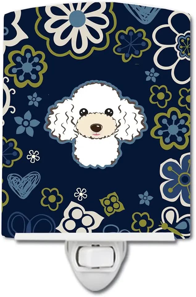 Caroline's Treasures BB5108CNL Blue Flowers White Poodle Ceramic Night Light Compact, UL-Certified, Ideal for Bedroom, Bathroom, Nursery, Hallway, Kitchen, 6x4x3, Multicolor