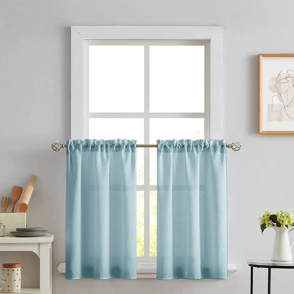 Melodieux Blue Semi Sheer Tier Curtains 24 Inch Length for Kitchen Cafe Bedroom Small Windows, Linen Look Rod Pocket Short Curtain Tiers Voile Drapes, 2 Panels