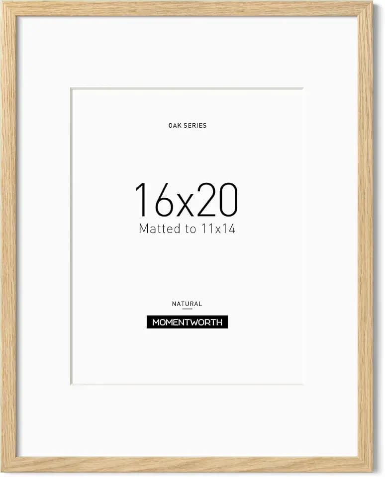 Momentworth 16x20 Frame with Mat for 11x14, Solid Oak Wood 16x20 Frames for Horizontal & Vertical Wall Mounting(Single,Oak)