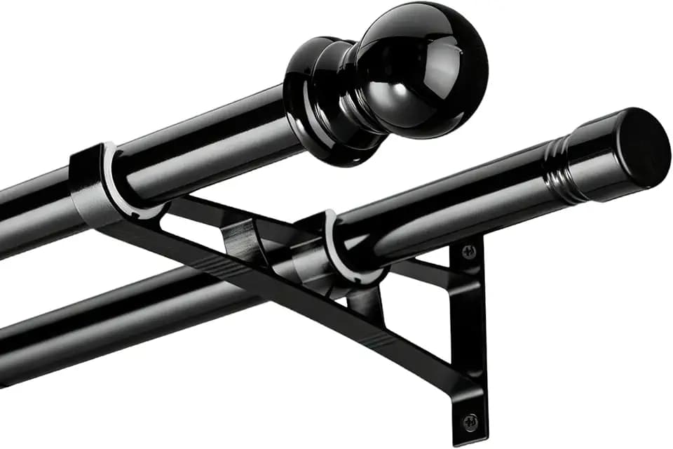Heavy Duty Double Curtain Rod 30-87”, Snap-on Brackets, 1 inch Black