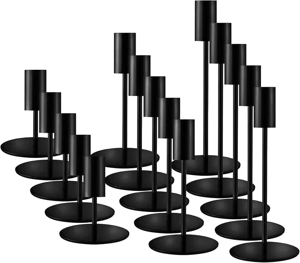 Black Candlestick Holders Bulk, Taper Candle Holders 15Pc, 3 Heights
