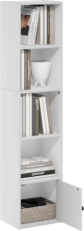 Furinno LUDER Book Shelf, 5-Tier Modern Bookshelf, Bookcase with 1 Door Storage Cabinet, 9.3 x 12 x 52, for Organization and Storage, for Living Room, Bedroom, Home Office, White