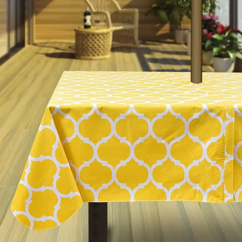 Hipinger Vinyl Rectangle/Oblong Tablecloth with Zipper and Umbrella Hole, Oil Waterproof Stain Resisteant PVC Table Cover 60 Inch by 84 Inch, Yellow Moroccan