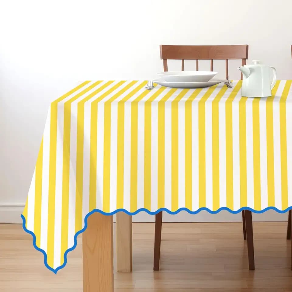 Whaline Yellow White Striped Tablecloth with Blue Scalloped Edge Waterproof Tablecloth Rectangle Table Cover for Amalfi Coast Lemon Party Decoration Home Kitchen Dining Table Supplies, 55 x 70 Inch
