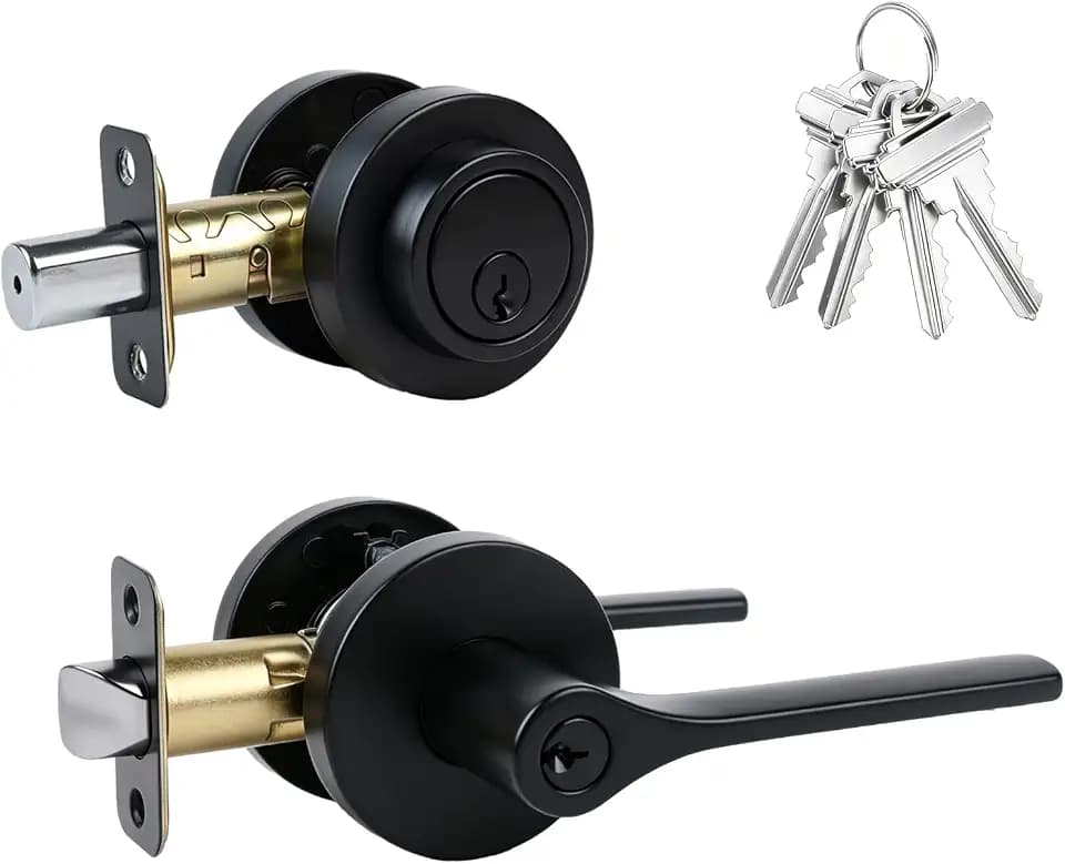 Exterior Door Knob with Deadbolt, Keyed Alike Front Door Handle and Deadbolt Set, Heavy Duty Roundness Door Knob with Deadbolt Locks for Exterior Doors, Matte Black Double Keyed Deadbolt Lock, 1 Pack